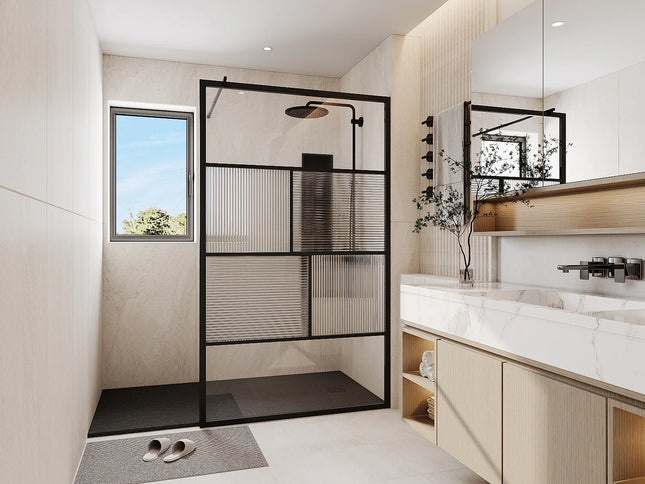 Paroi de douche à l'italienne sérigraphiée mate et texturée - Noir mat - 120 cm - SLOMENA