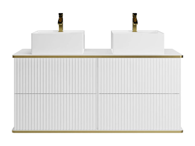 Meuble de salle de bain suspendu rainuré avec vasque à poser carrée - Beige/Blanc - 80 cm - KELIZA