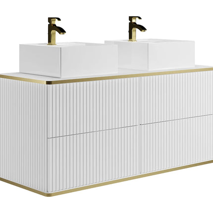 Meuble de salle de bain suspendu rainuré avec double vasque à poser carrée - Blanc - 120 cm - KELIZA