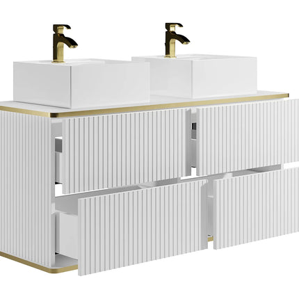Meuble de salle de bain suspendu rainuré avec double vasque à poser carrée - Blanc - 120 cm - KELIZA