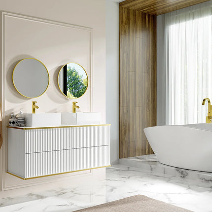 Meuble de salle de bain suspendu rainuré avec double vasque à poser carrée - Blanc - 120 cm - KELIZA
