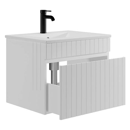 Meuble de salle de bain suspendu strié avec vasque à encastrer - Blanc - 60 cm - SATARA