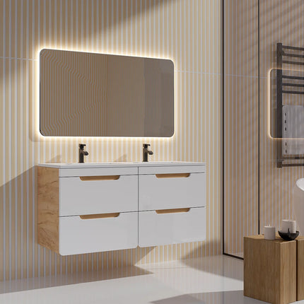 Meuble de salle de bain suspendu avec vasque à encastrer - Naturel clair et blanc - 80 cm - ARUBA
