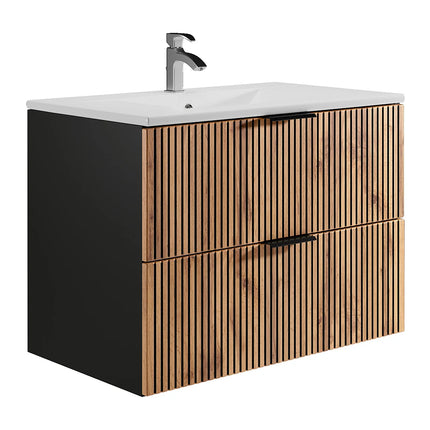 Meuble de salle de bain strié avec vasque à encastrer - Naturel clair et noir - 80 cm - MADELA