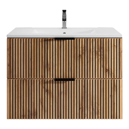 Meuble de salle de bain strié avec vasque à encastrer - Naturel clair et noir - 80 cm - MADELA
