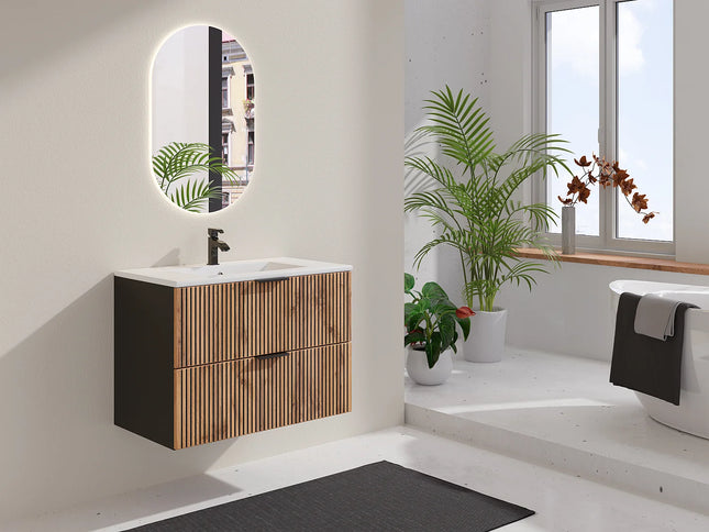 Meuble de salle de bain strié avec vasque à encastrer - Naturel clair et noir - 80 cm - MADELA