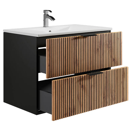 Meuble de salle de bain strié avec vasque à encastrer - Naturel clair et noir - 80 cm - MADELA