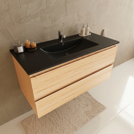 Meuble suspendu contemporain avec vasque marbre minéral noir - Chêne - 100 cm - Marenza