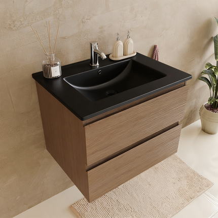 Meuble de salle de bains suspendu finition chêne chaud avec vasque en marbre minéral noir - 60 cm - Marenza