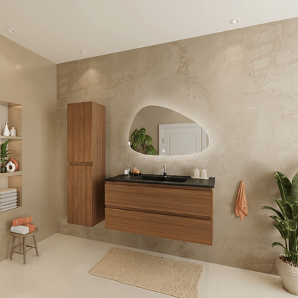 Meuble de salle de bain suspendu finition chêne chaud avec vasque en marbre minéral noire - 100 cm - Marenza