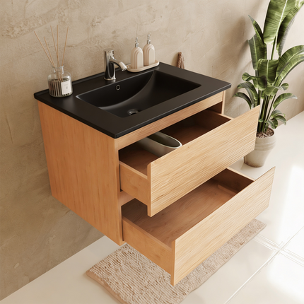 Meuble de salle de bain suspendu design contemporain avec vasque en marbre minéral - noir et chêne clair - 60 cm - Marenza