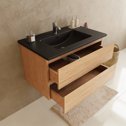 Meuble de salle de bains suspendu chêne clair avec vasque noire en marbre minéral - 80 cm - Marenza