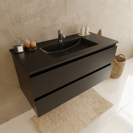 Meuble de salle de bains suspendu design épuré avec lavabo minéral - noir - 100 cm - Marenza
