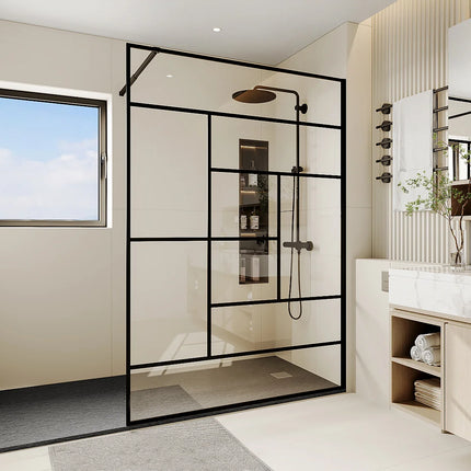 Paroi de douche style industriel finition sérigraphiée noire mate - 140 cm - SEFANA II