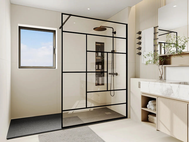 Paroi de douche style industriel finition sérigraphiée noire mate - 140 cm - SEFANA II