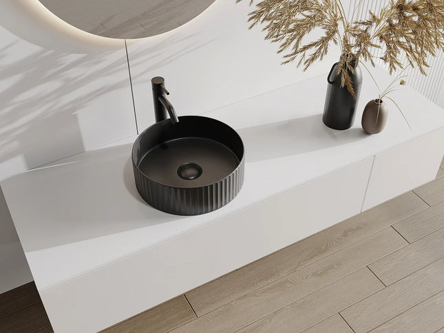 Vasque à poser striée avec vasque ronde - Blanc mat - 36 cm - PEDARA