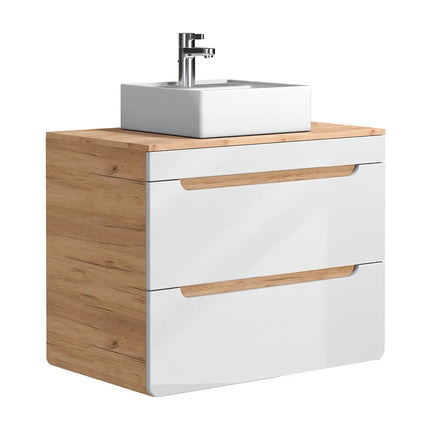 Meuble de salle de bain suspendu avec vasque à poser carrée - Blanc et naturel clair - 80 cm - ARUBA
