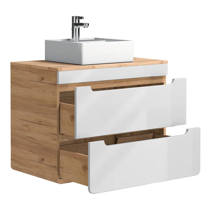 Meuble de salle de bain suspendu avec vasque à poser carrée - Blanc et naturel clair - 80 cm - ARUBA