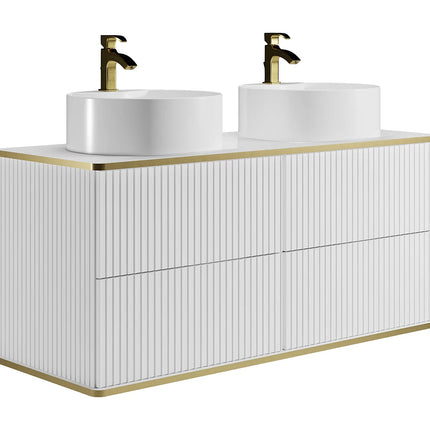 Meuble de salle de bain suspendu rainuré avec double vasque à poser ronde - Blanc - 120 cm - KELIZA