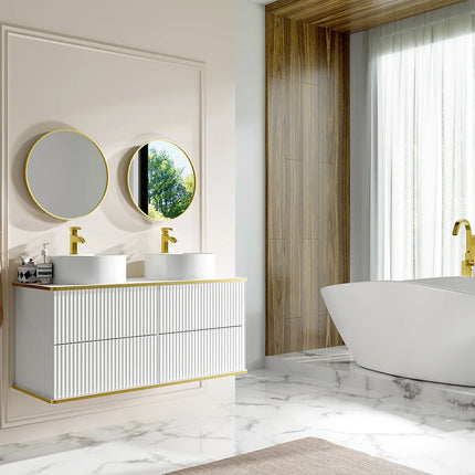 Meuble de salle de bain suspendu rainuré avec double vasque à poser ronde - Blanc - 120 cm - KELIZA