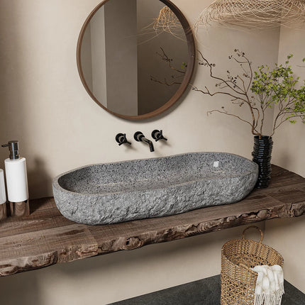 Vasque à poser asymétrique en pierre naturelle avec vasque - Gris naturel - 90 cm - PIEDRI