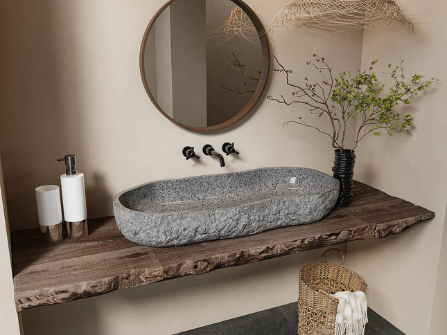 Vasque à poser asymétrique en pierre naturelle avec vasque - Gris naturel - 90 cm - PIEDRI