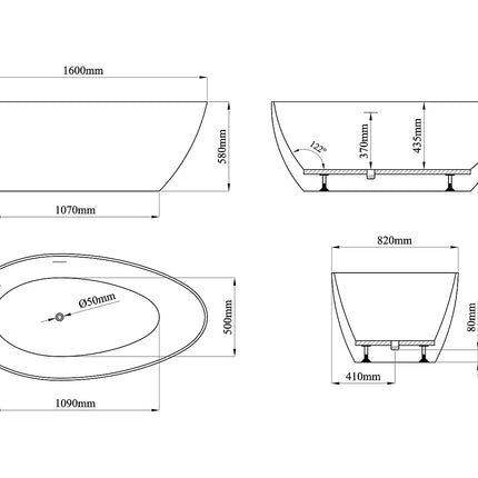 Baignoire à poser ovale finition noir mat - 160 cm - APULIA