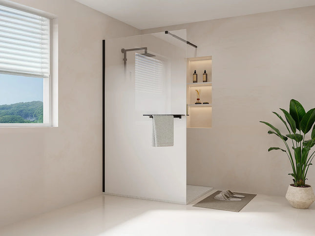 Paroi de douche à l'italienne design contemporain avec porte-serviette et étagères - Noir mat - 120 cm - POMARO