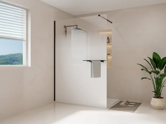 Paroi de douche à l'italienne finition verre dégradé mat avec porte-serviette et étagères - Noir mat - 140 cm - POMARO