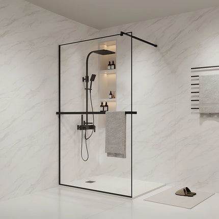 Paroi de douche à l'italienne avec porte-serviettes et étagère intégrée - Noir mat - 120 cm - BONPERO