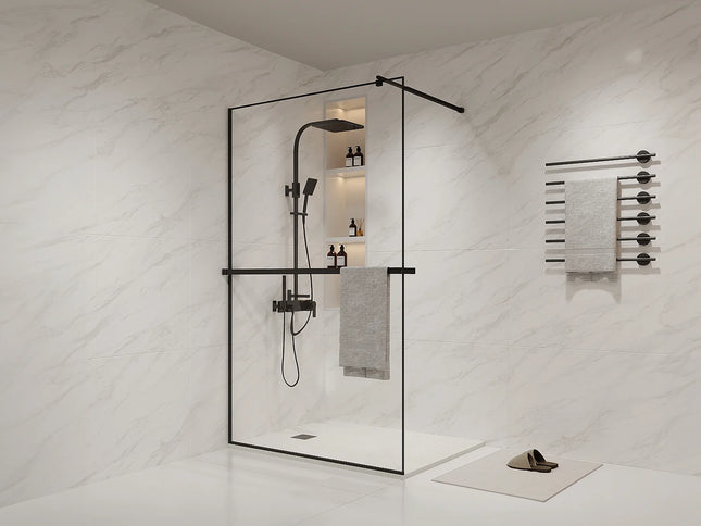 Paroi de douche à l'italienne avec porte-serviettes et étagère intégrée - Noir mat - 120 cm - BONPERO