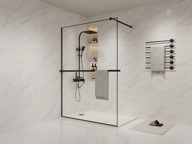 Paroi de douche à l'italienne avec porte-serviettes et étagère intégrée - Noir mat - 140 cm - Les Astucieux