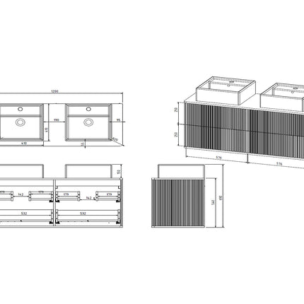 Meuble de salle de bain suspendu rainuré avec double vasque à poser carrée - Noir et blanc - 120 cm - KELIZA