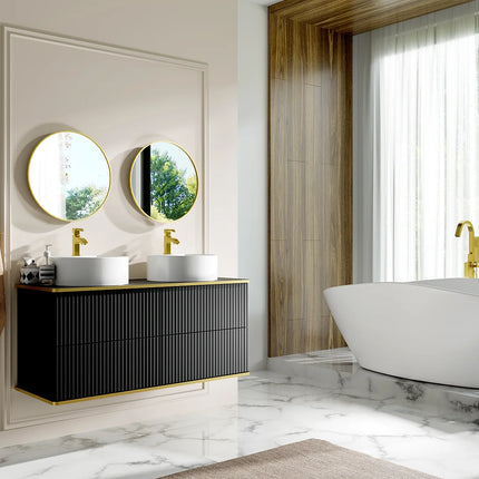 Meuble de salle de bain suspendu rainuré avec double vasque à poser ronde - Blanc - 120 cm - KELIZA