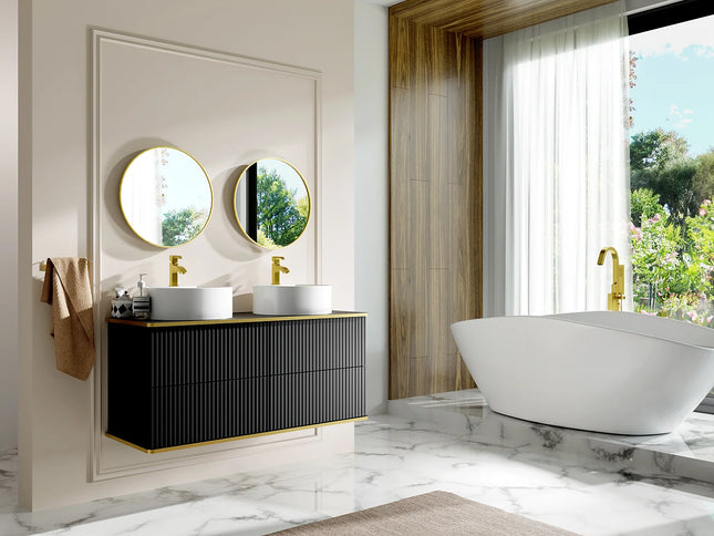 Meuble de salle de bain suspendu rainuré avec double vasque à poser ronde - Blanc - 120 cm - KELIZA