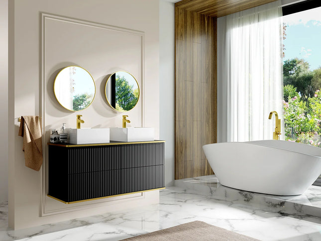 Meuble de salle de bain suspendu rainuré avec double vasque à poser carrée - Blanc - 120 cm - KELIZA