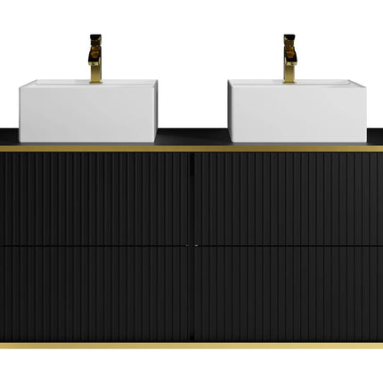 Meuble de salle de bain suspendu rainuré avec double vasque à poser carrée - Noir et blanc - 120 cm - KELIZA