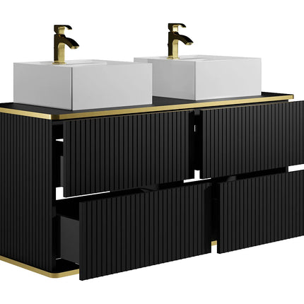 Meuble de salle de bain suspendu rainuré avec double vasque à poser carrée - Noir et blanc - 120 cm - KELIZA