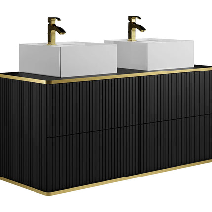 Meuble de salle de bain suspendu rainuré avec double vasque à poser carrée - Noir et blanc - 120 cm - KELIZA