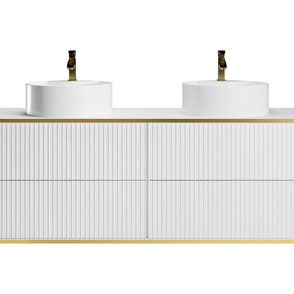 Meuble de salle de bain suspendu rainuré avec double vasque à poser ronde - Blanc - 150 cm - KELIZA