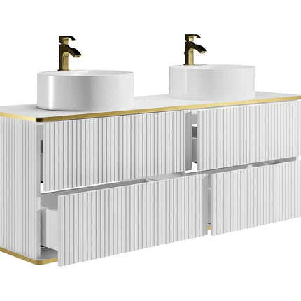 Meuble de salle de bain suspendu rainuré avec double vasque à poser ronde - Blanc - 150 cm - KELIZA