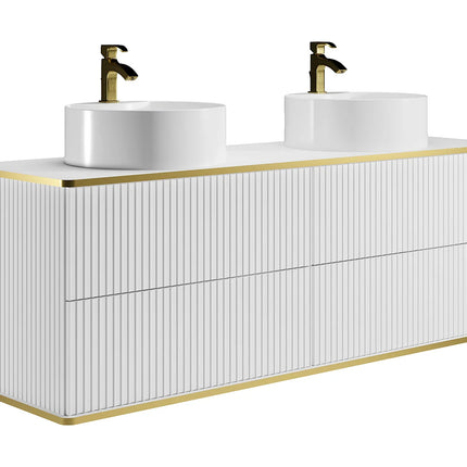 Meuble de salle de bain suspendu rainuré avec double vasque à poser ronde - Blanc - 150 cm - KELIZA