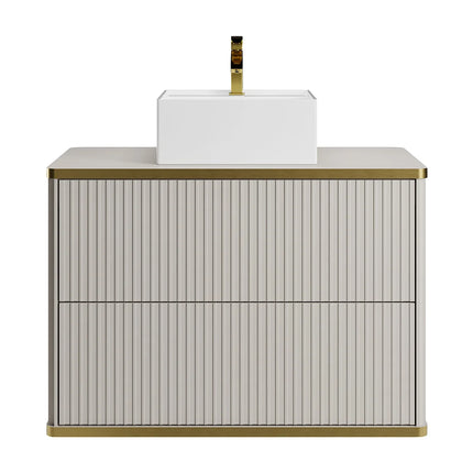Meuble de salle de bain suspendu rainuré avec vasque à poser carrée - Beige/Blanc - 80 cm - KELIZA