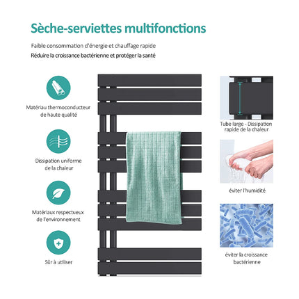 Sèche-serviettes plat à eau chaude finition gris anthracite - 60 cm - EMKE