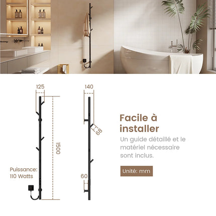 Sèche-serviettes électrique design moderne suspendu - Noir - 12,5 cm - DS CONCEPT