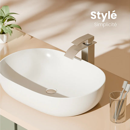 Lavabo à poser ovale blanc mat avec vasque rectangulaire arrondie - 60 cm - DS CONCEPT