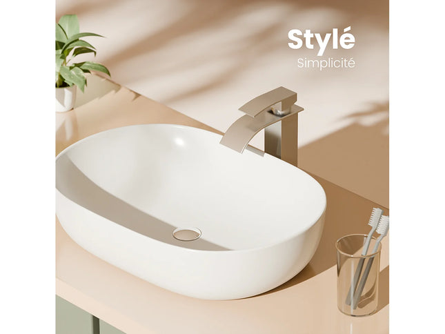 Lavabo à poser ovale blanc mat avec vasque rectangulaire arrondie - 60 cm - DS CONCEPT