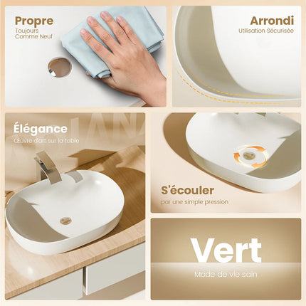 Lavabo à poser ovale blanc mat avec vasque rectangulaire arrondie - 60 cm - DS CONCEPT