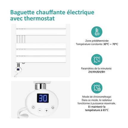 Sèche-serviettes électrique design suspendu avec thermostat et minuterie - Blanc - 60 cm - EMKE