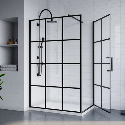 Porte de douche pivotante avec paroi fixe sérigraphiée noir mat - 120 cm - CAPARICA
